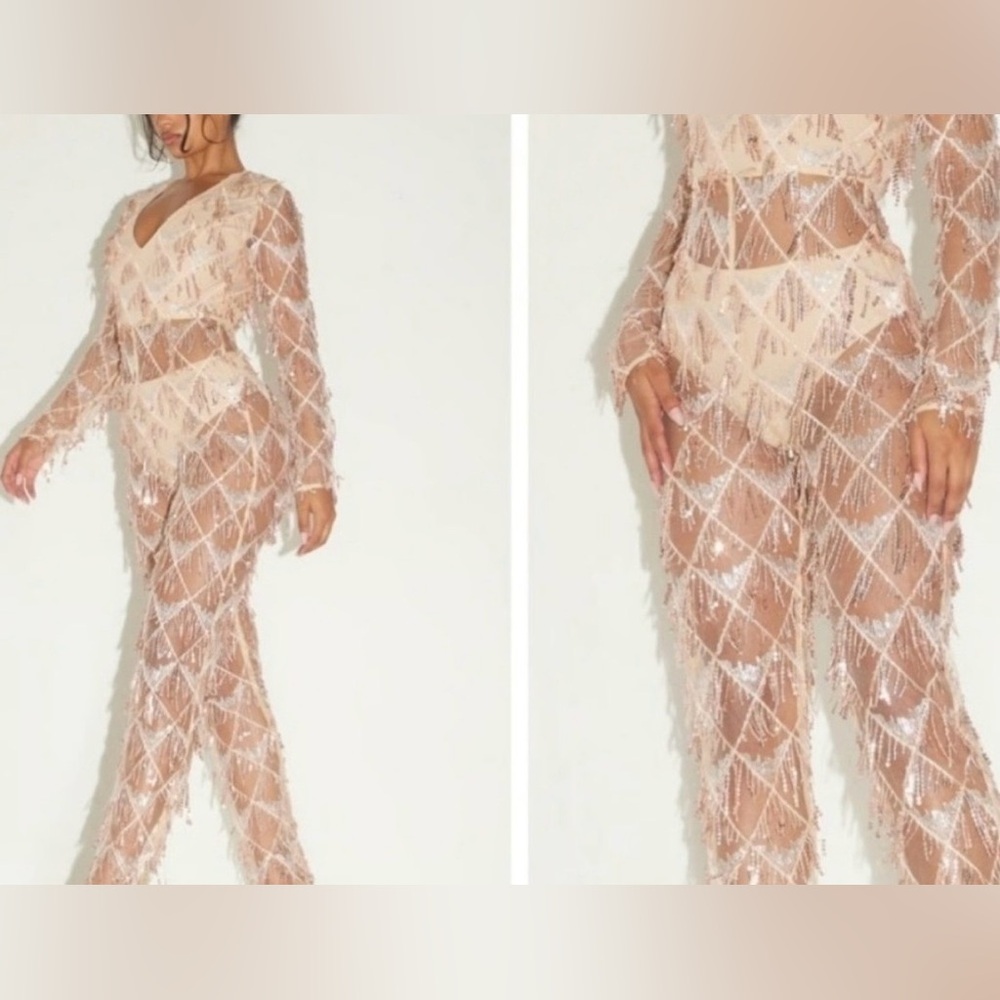 PrettyLittleThing Rose Gold Tassel Sequin Plunge Jumpsuit Sheer US 10